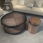 Round Nesting Coffee Table Set with Natural Wood Veneer and Artistic Inlay Details
